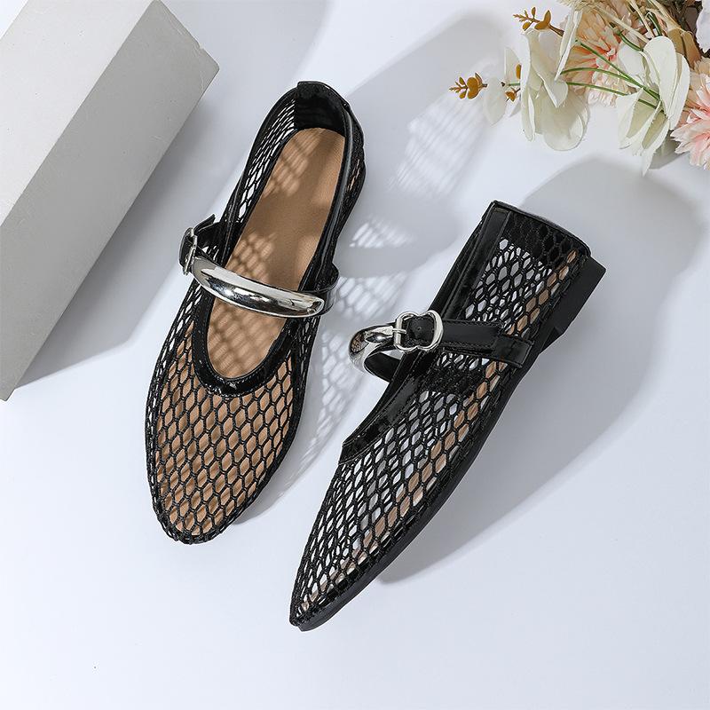 One word with black fishing net sandals women - large size mesh one word with flat sandals hollow Roman sandals