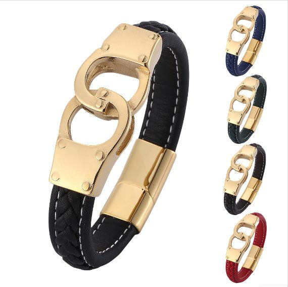 Pánský Punk Retro Zlatý Kožený Náramek Manžeta s Nerezovou Magnetickou Sponou