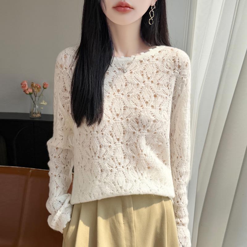ER26 Spring Hollow Flower Knit Top - Sweet Crochet Texture Pullover for Women