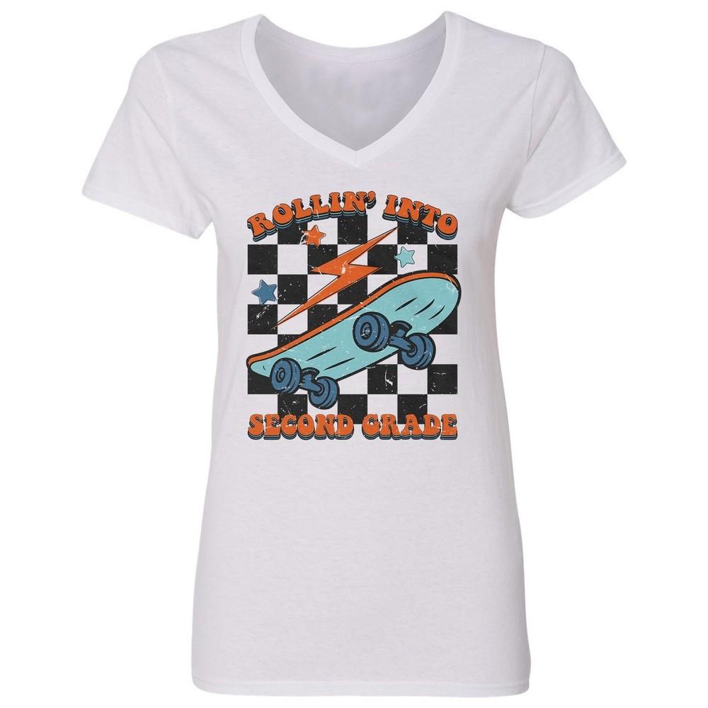 

Rollin Into 2nd Grade - Back to School Funny Retro Ladies V-Neck Tshirt Unisex T-Shirt XXXL