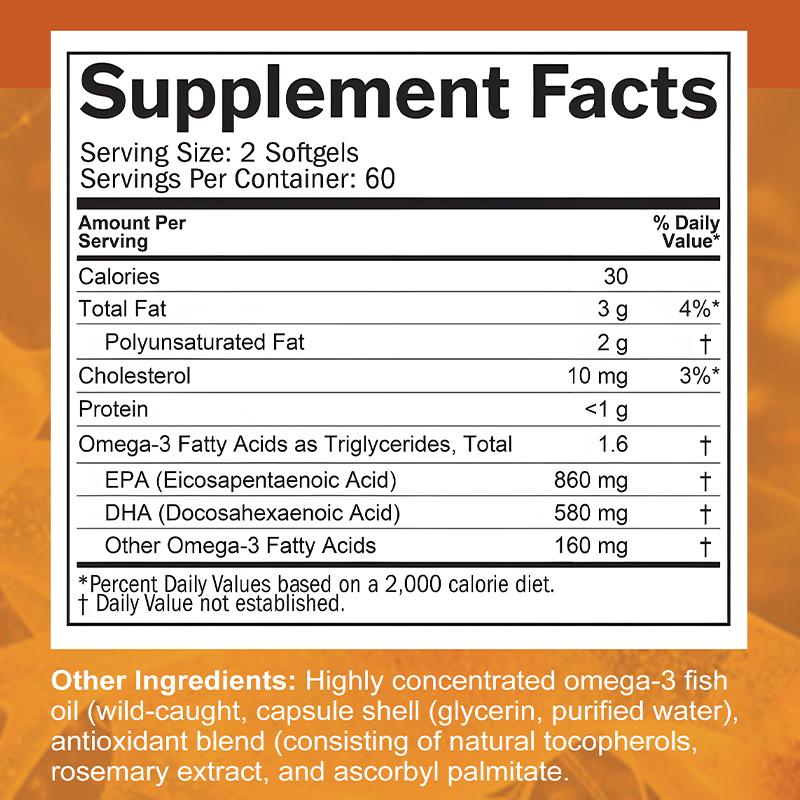 Hochpotentes Omega-3-Fischöl-Nahrungsergänzungsmittel, 120 Weichkapseln pro Flasche