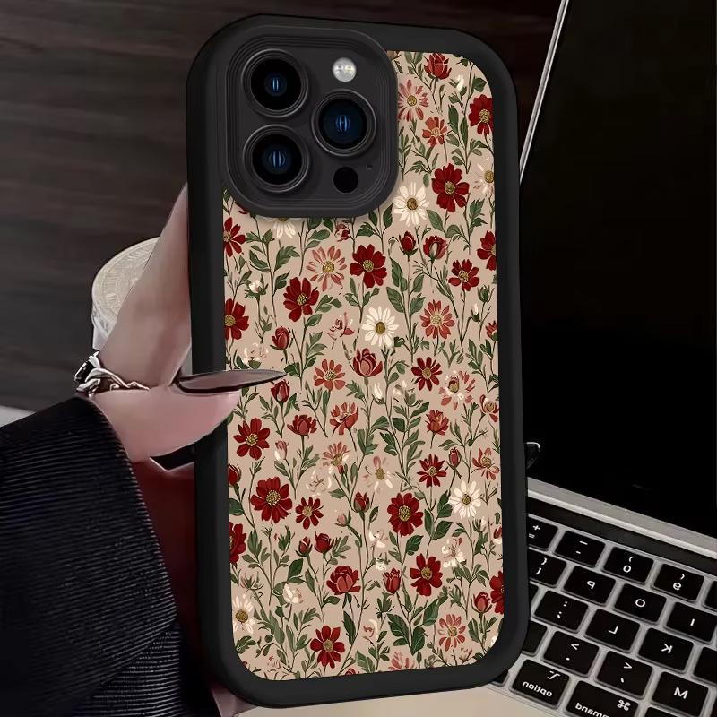 Retro Style Flower Pattern Phone Case For iPhone 16e 16 Pro Max 15 14 Plus 13 12 Mini 11 Pro Shockproof Silicone Soft Back Cover