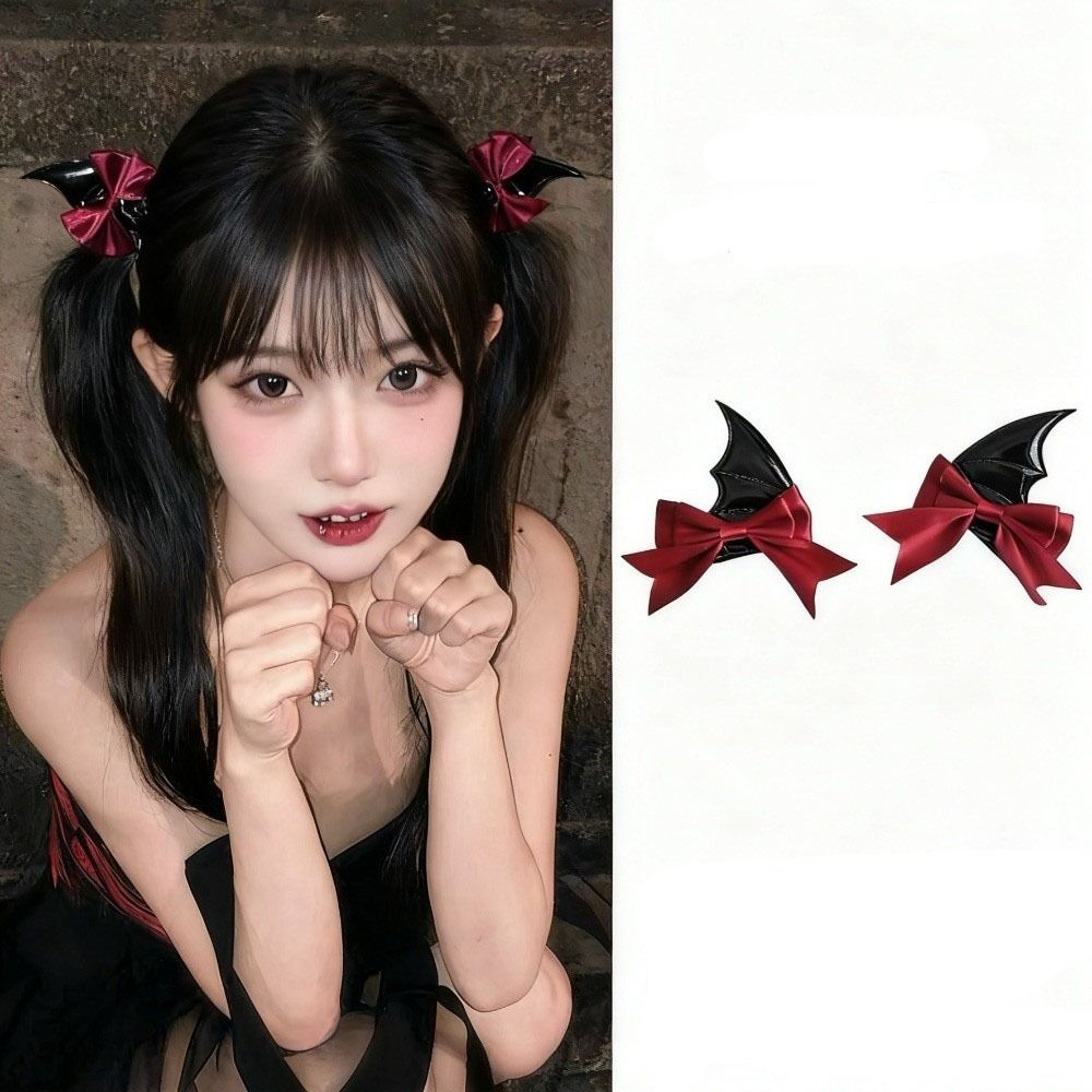 2 Pcs Gothic Style Halloween Hairpins Bow Bat Duckbill Clips Funny Bat Wings Hair Clips Spicy Girl