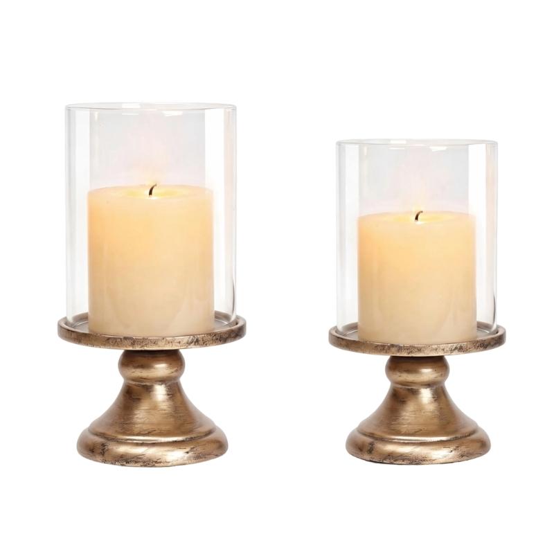 Conjunto de Castiçais à Prova de Vento para Mesa com Cúpula de Vidro Transparente e Bases em Tom Bronze para Centro de Mesa de Casamento, Decoração de Entrada para Casa