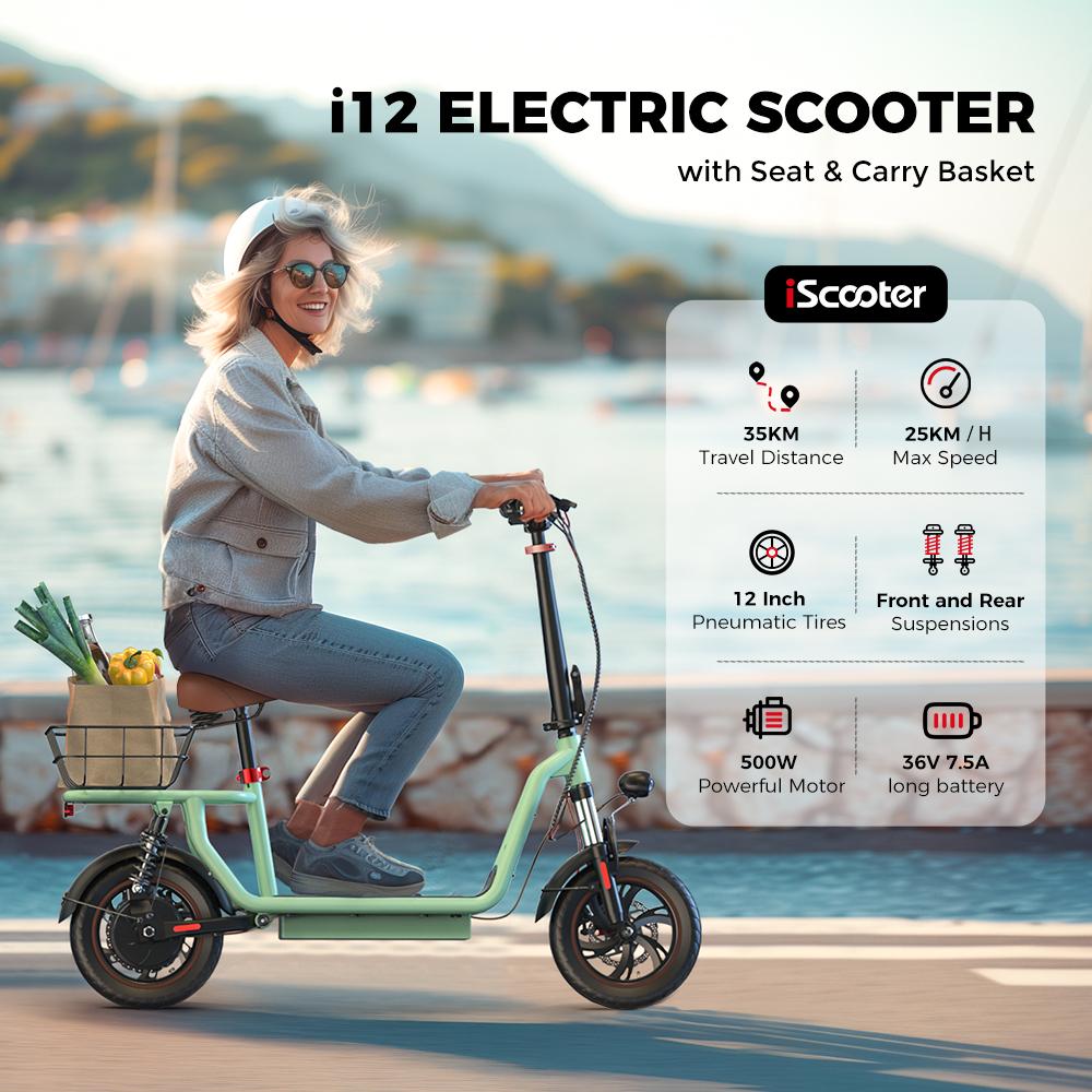 iScooter I12 12-inch Electric Scooter - 35km Range, 500W Motor, Dual Suspension System, Foldable + Seat, Convenient for commuting,Green