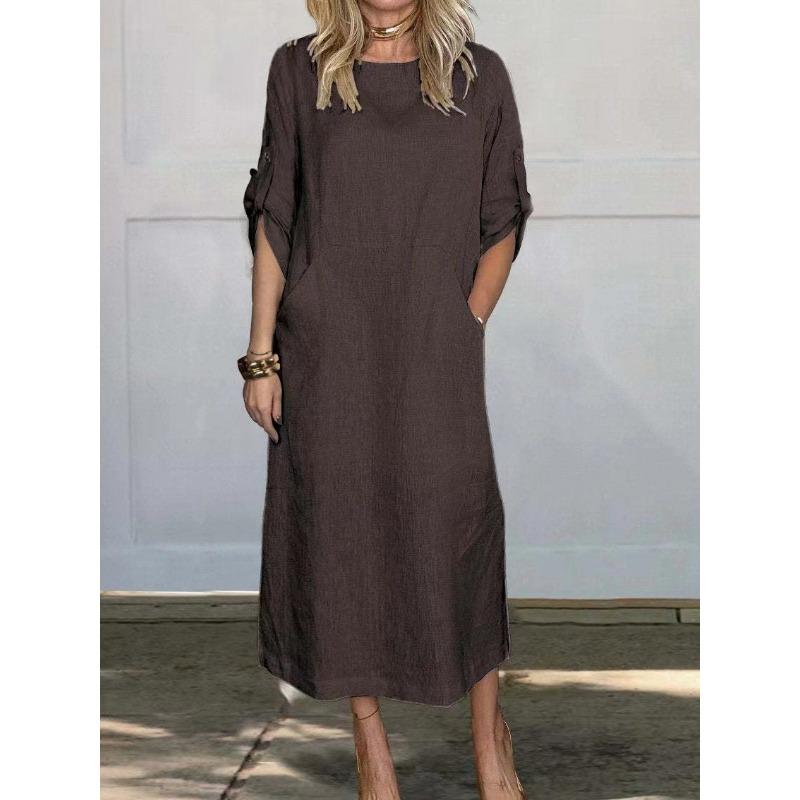 Casual Fashion O Neck Short Sleeve Women Dress Elegant Solid Color Loose Simple A-line Party Dresses Female Plus Size Pockets Spring Summer Clothing