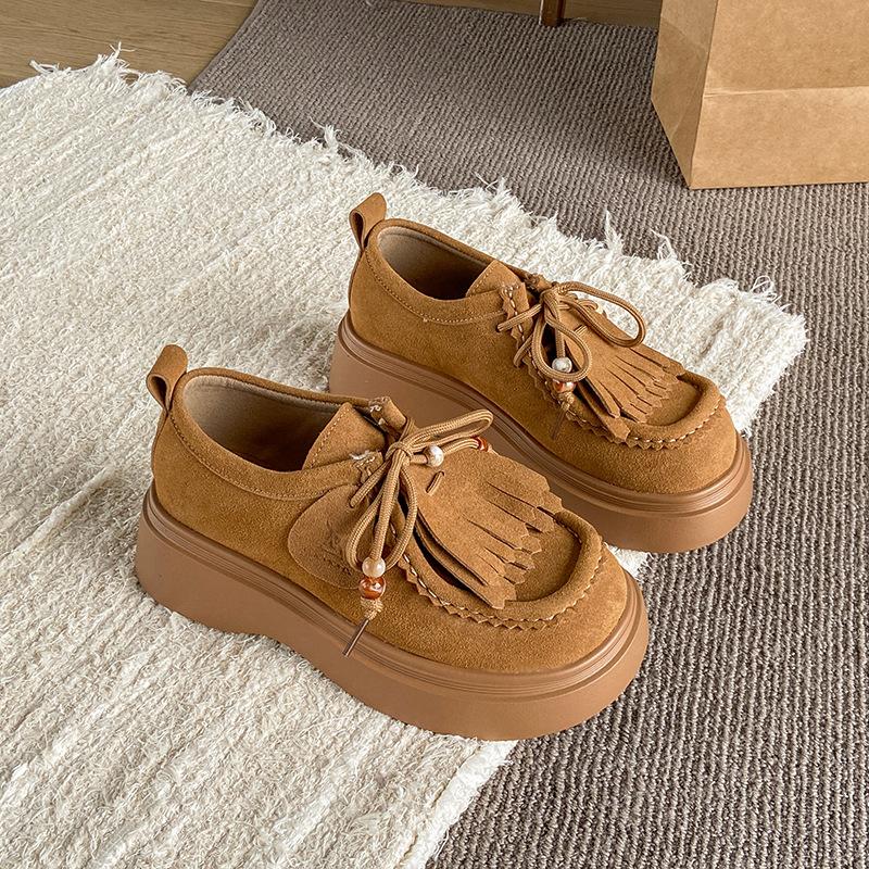 Loafers Women's 2025 New Design Beaded Tassel Lace-up Single Shoes Autumn Small Height Increase Boken Shoes