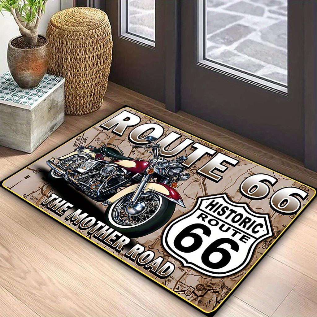 Vintage Route 66 Motorcycle Rug - Washable Non-Slip Polyester Mat for Living Room/Office, Biker Gift