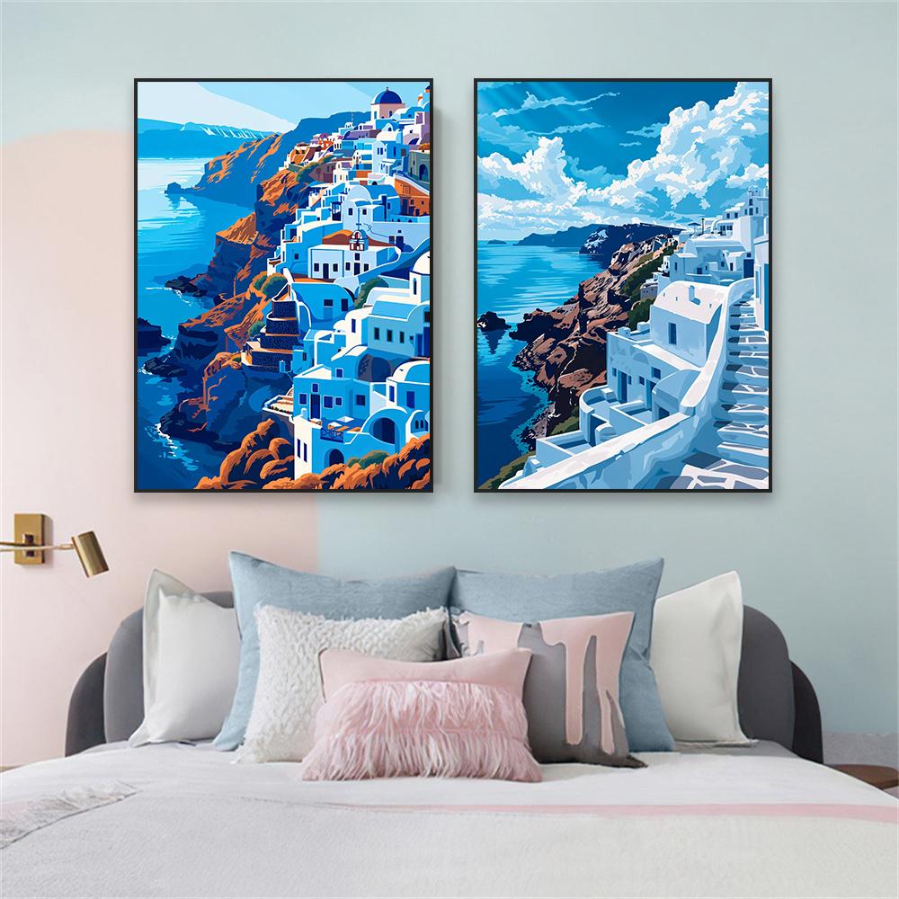 Greek Island Coastal Blue Sea Art Poster Classical Santorini Landscape Print Greece Seascape Canvas Painting Mediterranean Decor