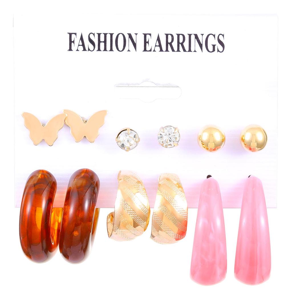 European & American Pattern Print Earrings: Colorful Resin Hoop & Stud Set - 6-Piece Pack