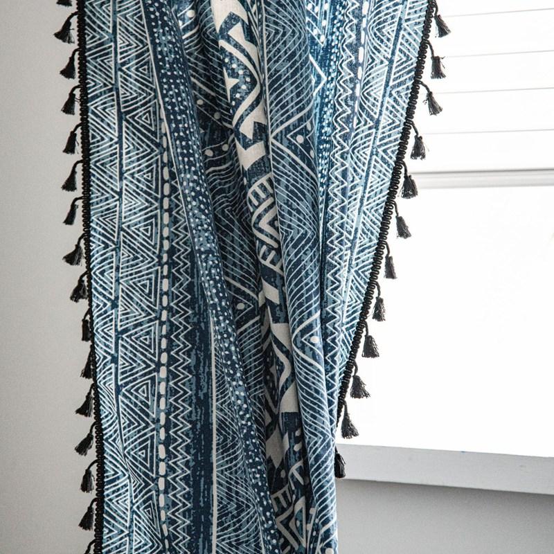 Boho Blue Geometry Cotton Linen Curtain Black Tassel Curtains for Living Room Bedroom American Style Vintage Drape Valance