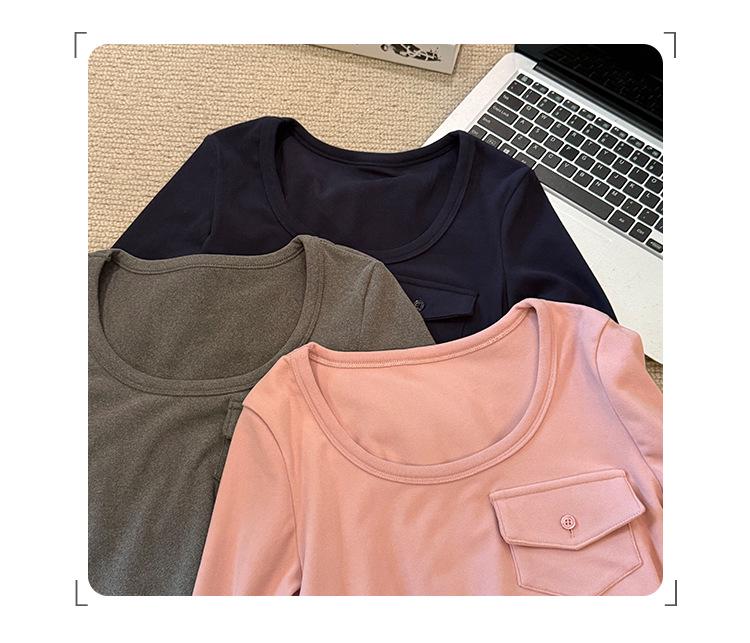 Korean Style Pink U-Neck Slimming Long-Sleeve Women's Base Layer Top for Autumn/Winter
