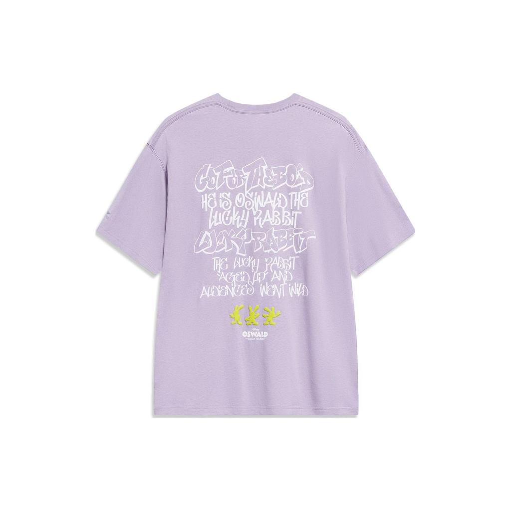 Lining X Disney Oswald Series Letter Print Cartoon Pattern Round Neck Loose Short Sleeve T-Shirt Unisex Tops Smoky-Purple AHST317-6