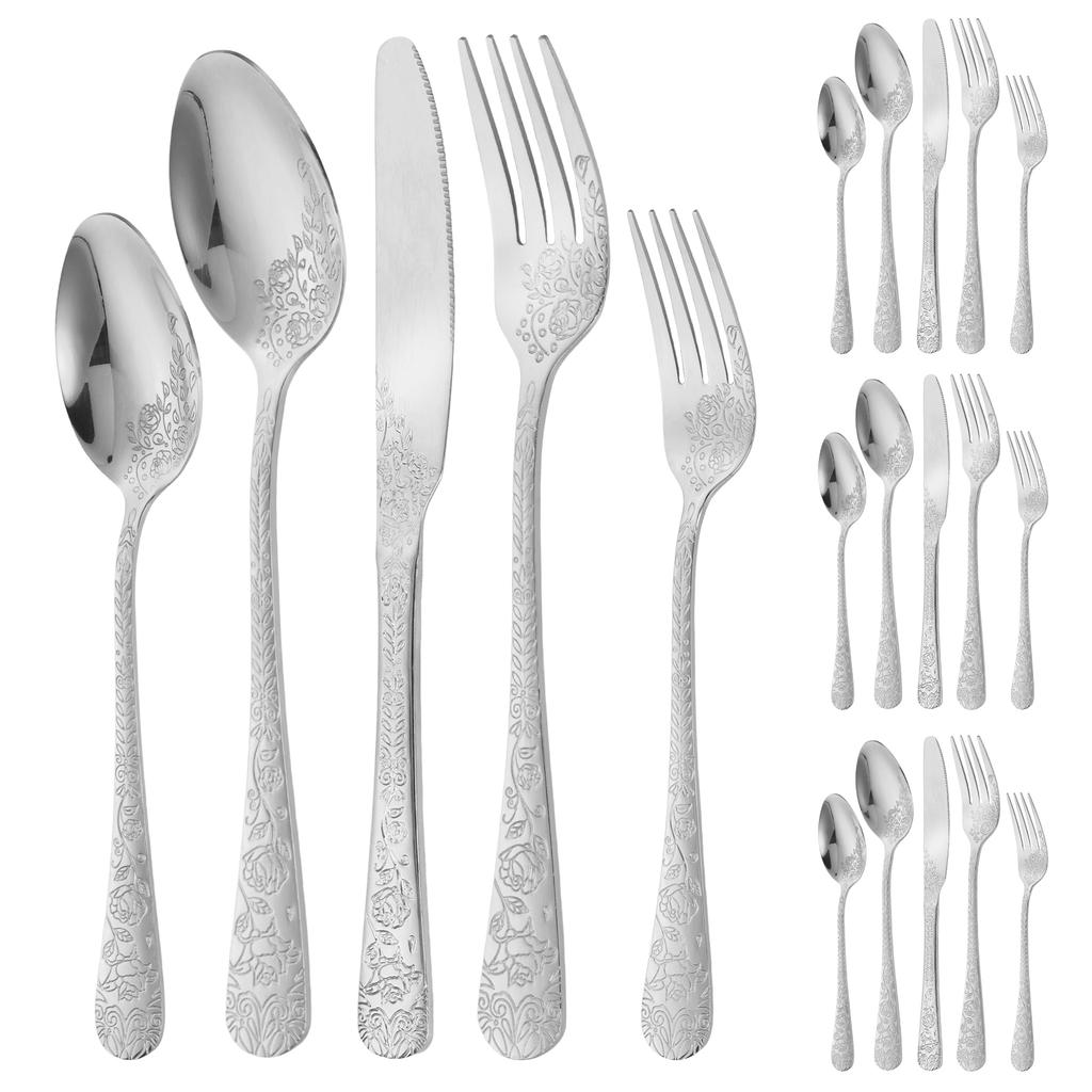 20pcs Silverware Set Floral Carved Stainless Steel Flatware Mirror Polished Cutlery Including Fork Spoon Knife Dishwasher Safe