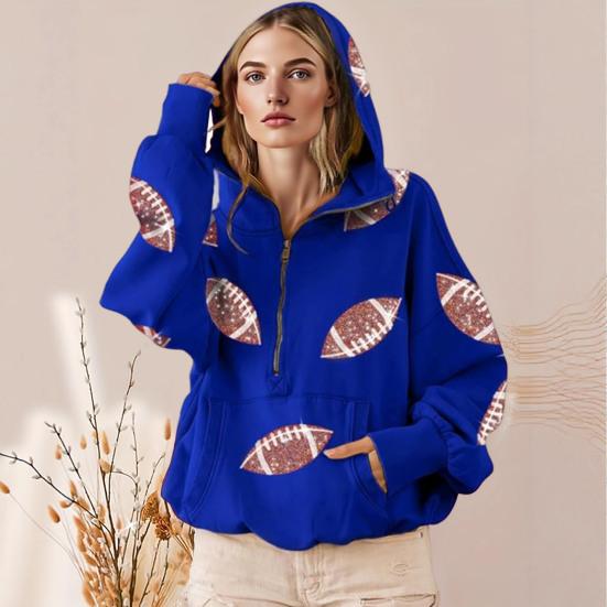 Hooded Sweatshirt for Women Half Zip Oversized Hoodies with Sequin Rugby Print Fall Casual Pullover Tops with Pockets