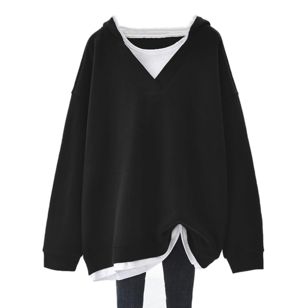 

Lopis Long Layered Loose Plus Slimming Women s Hoodie, Sleeve, Style, Fit, Simple, Thin, Sizes, Flattering, Cute, (JP, Alphabet, 2XL, Black)