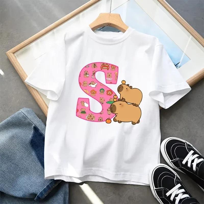 Cute Capibala Letter Printed Short Sleeved Pure Cotton Tshirt for Children Comfortable and Breathable Top Gift 2025