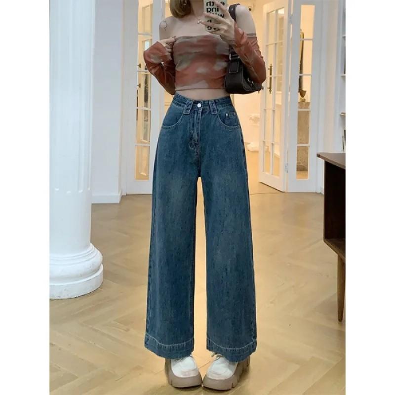 High Waist Wide Leg Denim Pants Women Fall Loose Straight Cut Cropped Jeans With Stretch