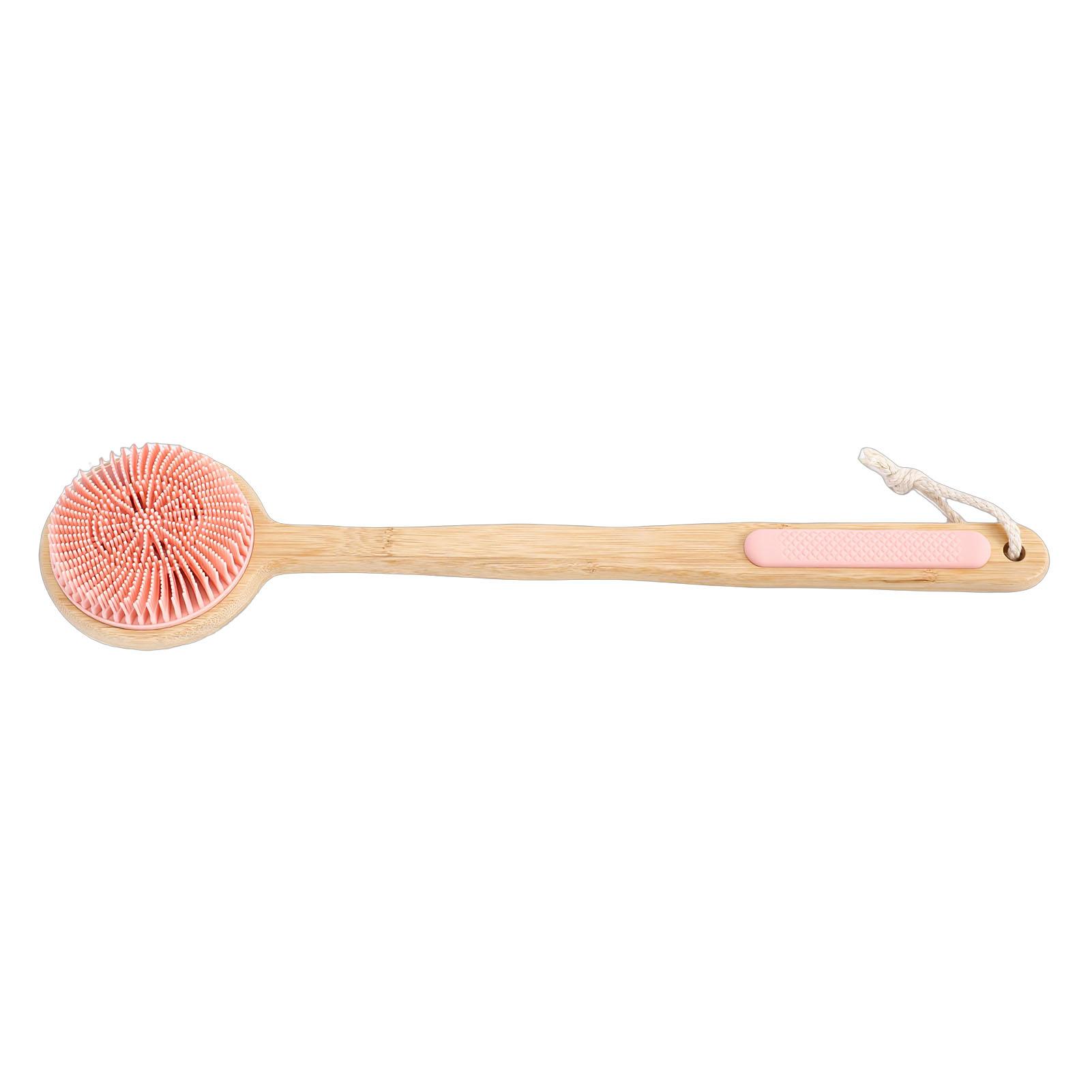 

Double Sided Shower Brush Long Handle Exfoliating Dry Wet Use Nylon Silicone Bath Body Brush Pink розовый