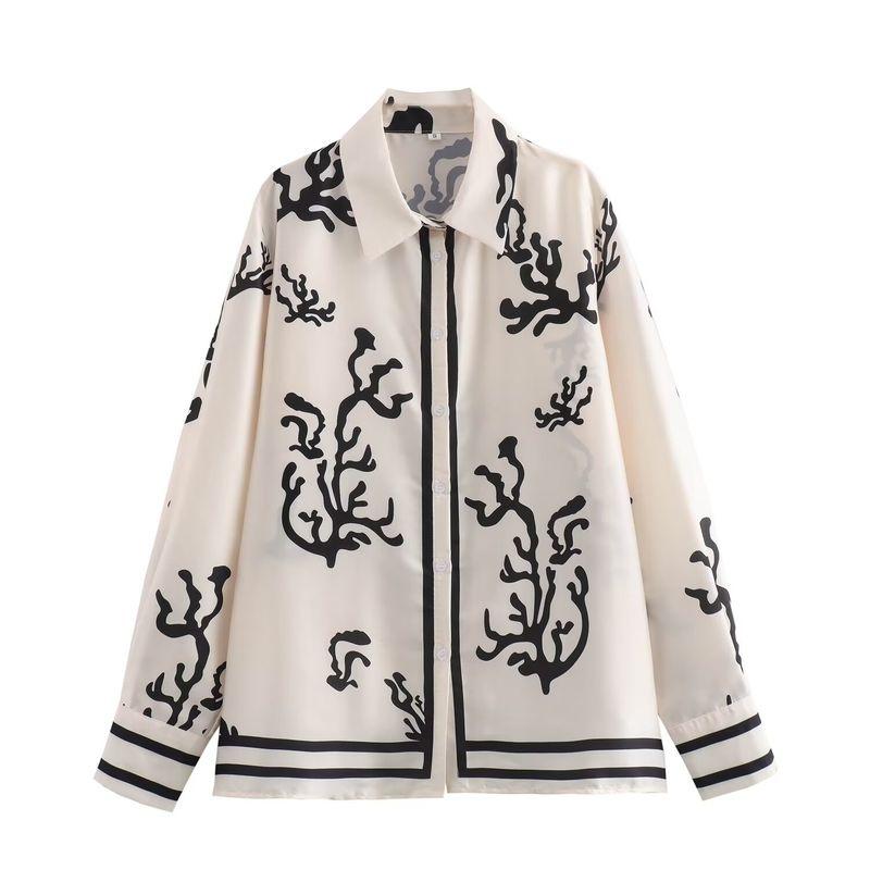 Kaslead New Arrival Women's Clothing Fashion Style Fashion Positioning Satin Print Shirt Casual Pants Suit