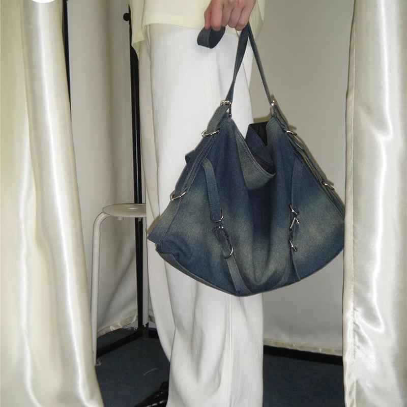 Retro Street Large Capacity Denim Handbag For Women Fashion Casual Shopping Bag College Student Commuter One Shoulder Tote Bags