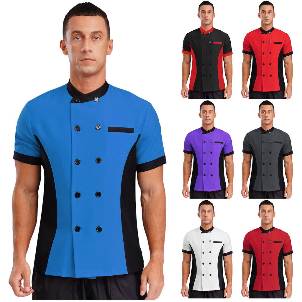 Unisex Kitchen Uniform Short Sleeve Color Block Chef Jacket Cook Coat Men Women Work Top