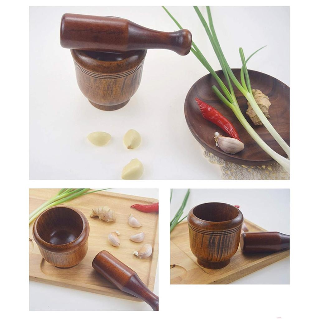 Wooden Grinding Bowl - Wooden Mortar Pestle Set, Household Kitchen Manual Garlic Masher, Ginger Spices Grinder Mortar and Pestle Set