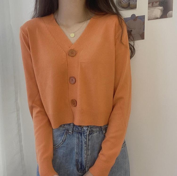 Women's Solid Color V-Neck Knitted Cardigan Long Sleeve Pullover Sweater Single Breasted Button Spring Fall Outerwear Tops Small Fresh One Size