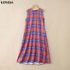 VONDA Ethnic Women Casual Round Neck Sleeveless Plaid Print Casual Tunic Dress