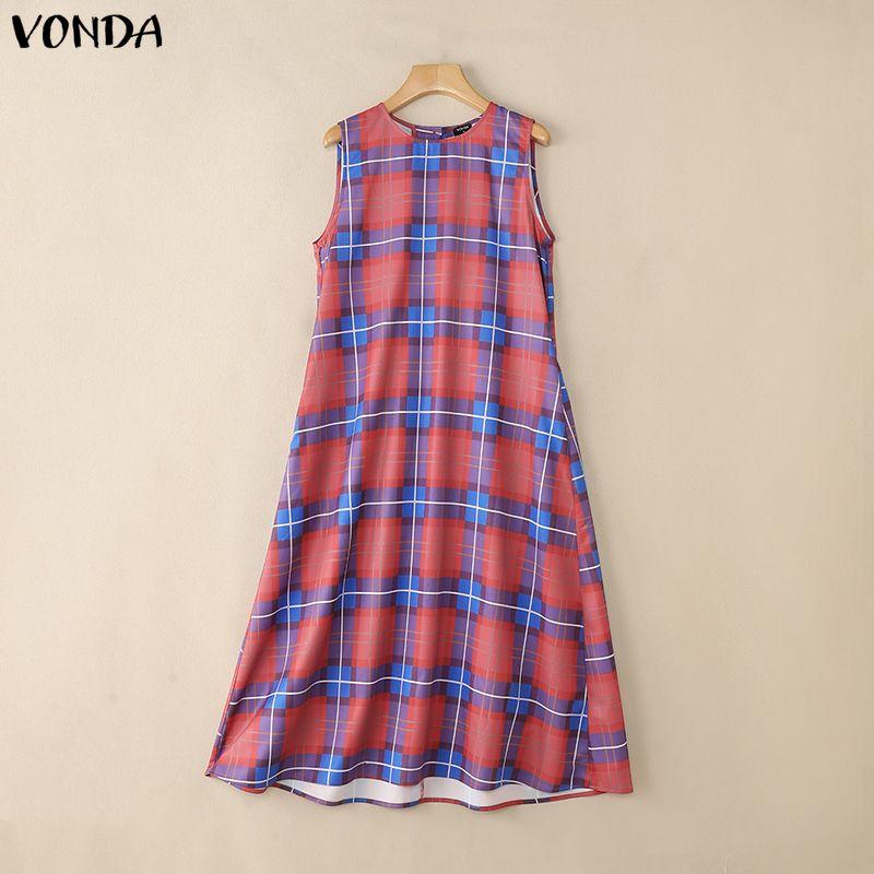 VONDA Ethnic Women Casual Round Neck Sleeveless Plaid Print Casual Tunic Dress