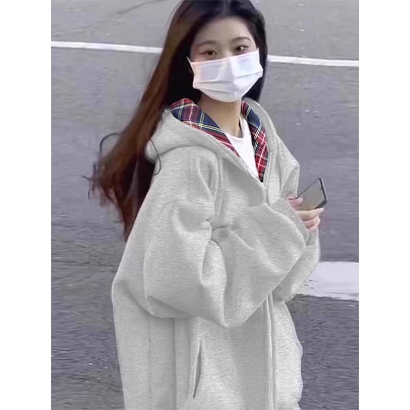 2025 Nová růžová mikina s kapucí a kardigan v korejském stylu pro ženy - Lehká, volný střih pro raný podzim/jaro