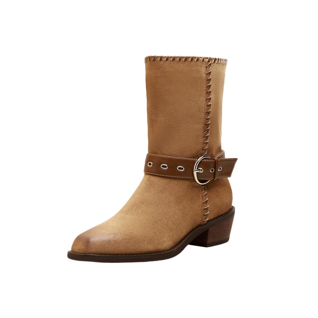 Cowhide~ Two Wear Western Boots New Pointed Belt Buckle Thick Heel Sleeve Short Boots Medium Boots European and American Women's Boots