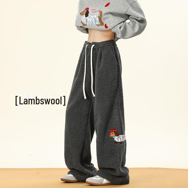 

Мужские широкие спортивные штаны из плотной кожи ягненка с рисунком в виде сосиски — повседневные, теплые и плотные для осени и зимы. Large темно-серого