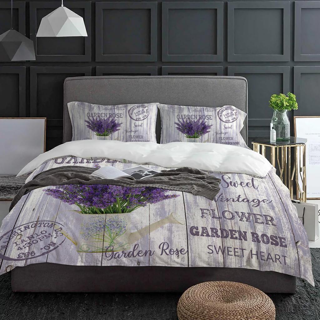 Blomma Lavendel Vattenkokare Vintage Vykort Trä Påslakan Med Örngott 3st Sängkläder Set Täcke Dubbelsäng Hemtextil