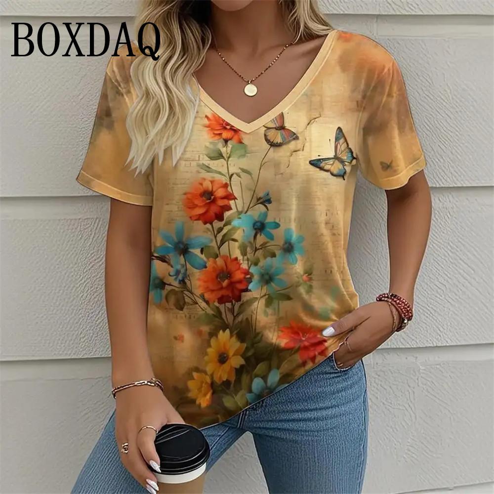 Plant flower 3D printed women s T-shirt retro V-neck short sleeved XS