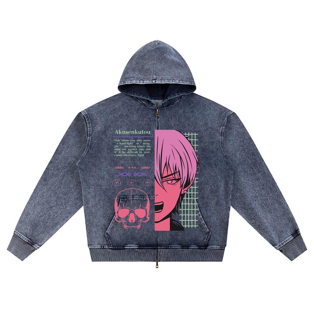 

DTG print Knitted Denim Zip-Up Hoodie anime streetwear 16 Brother Print Zipper Hoodies XL