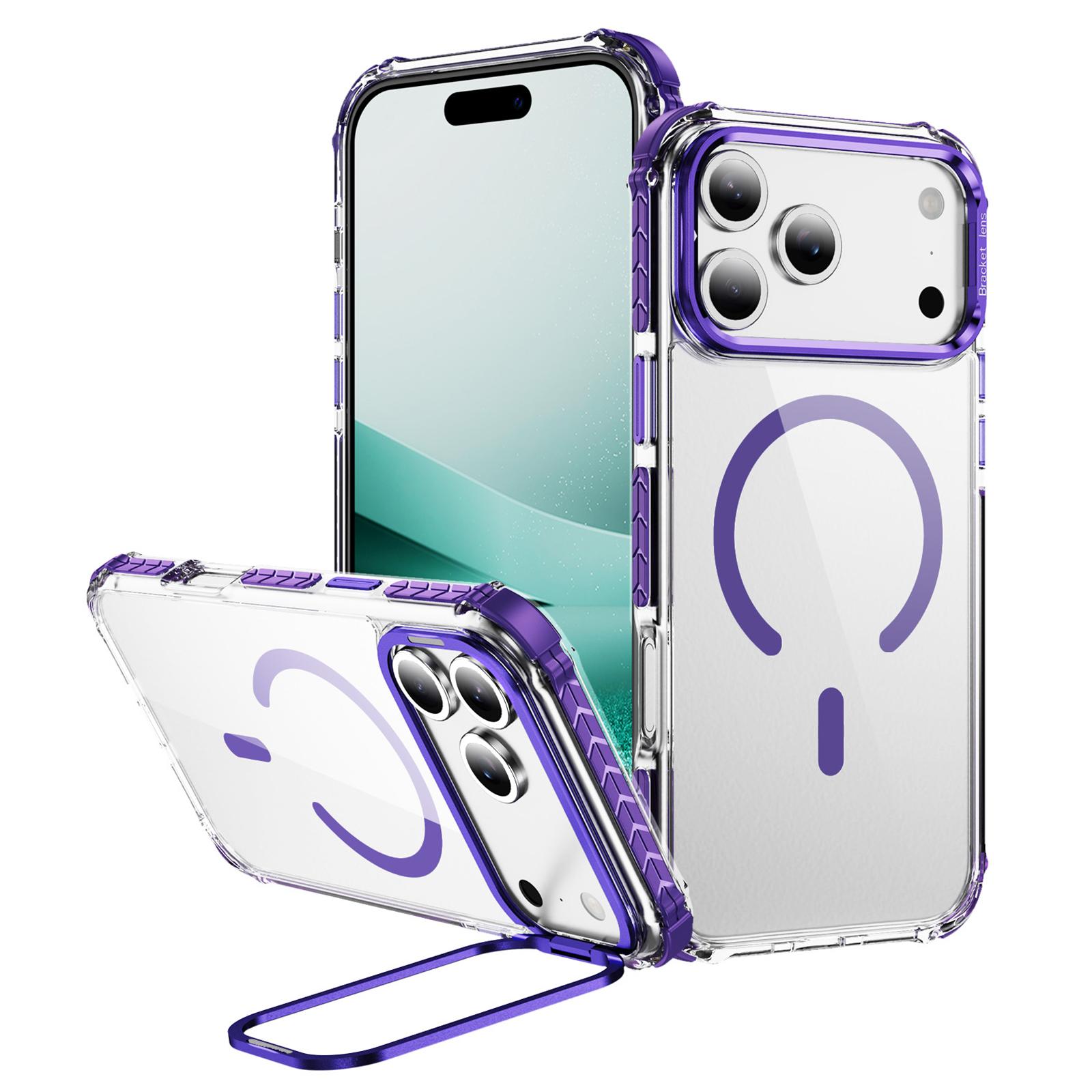 

For iPhone 17 Pro Clear Phone Case with Lens Kickstand Cover Compatible with MagSafe Purple