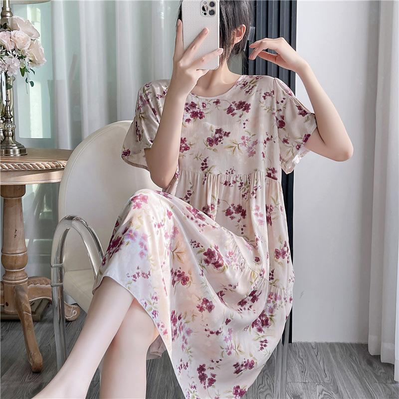 Cotton and silk nightgown women's summer thin short-sleeved cartoon printed pajamas can be worn outside long large size loose knee pajamas