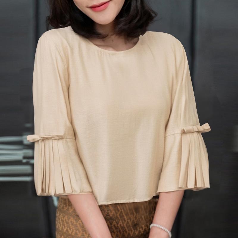 

ZANZEA Женская повседневная блузка с круглым вырезом, однотонная, свободного кроя, с рукавом до локтя 5XL абрикосовый