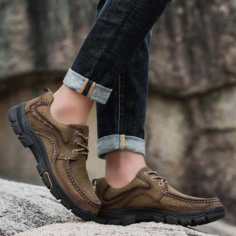 Fashion Outdoor Men's Casual Hiking Shoes Men Non-slip Walking Footwear Genuine Leather Male Comfortable Loafers Male All-match Flats