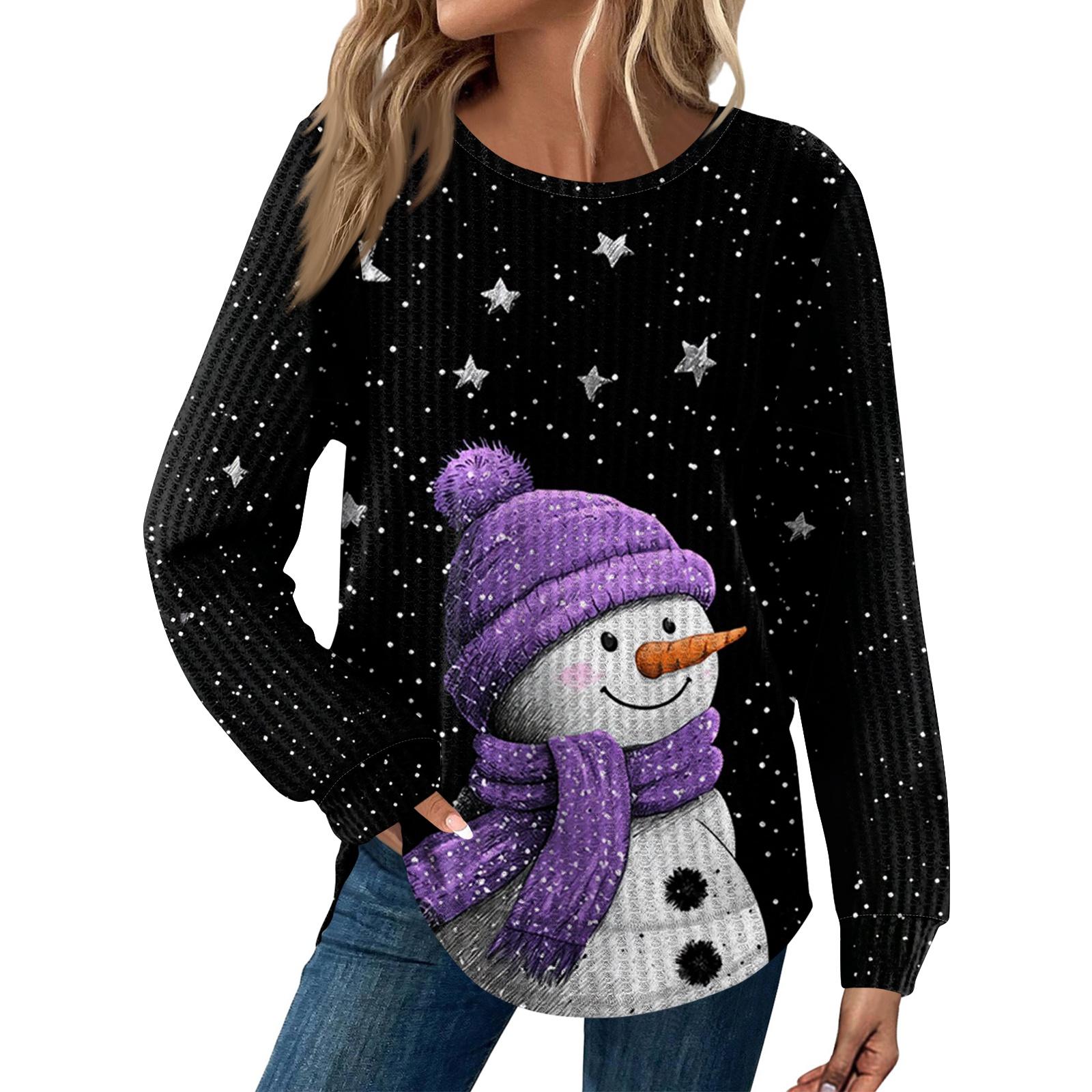 

Жіноча модна повсякденна вільна футболка з круглим вирізом і довгим рукавом з різдвяним принтом S синій