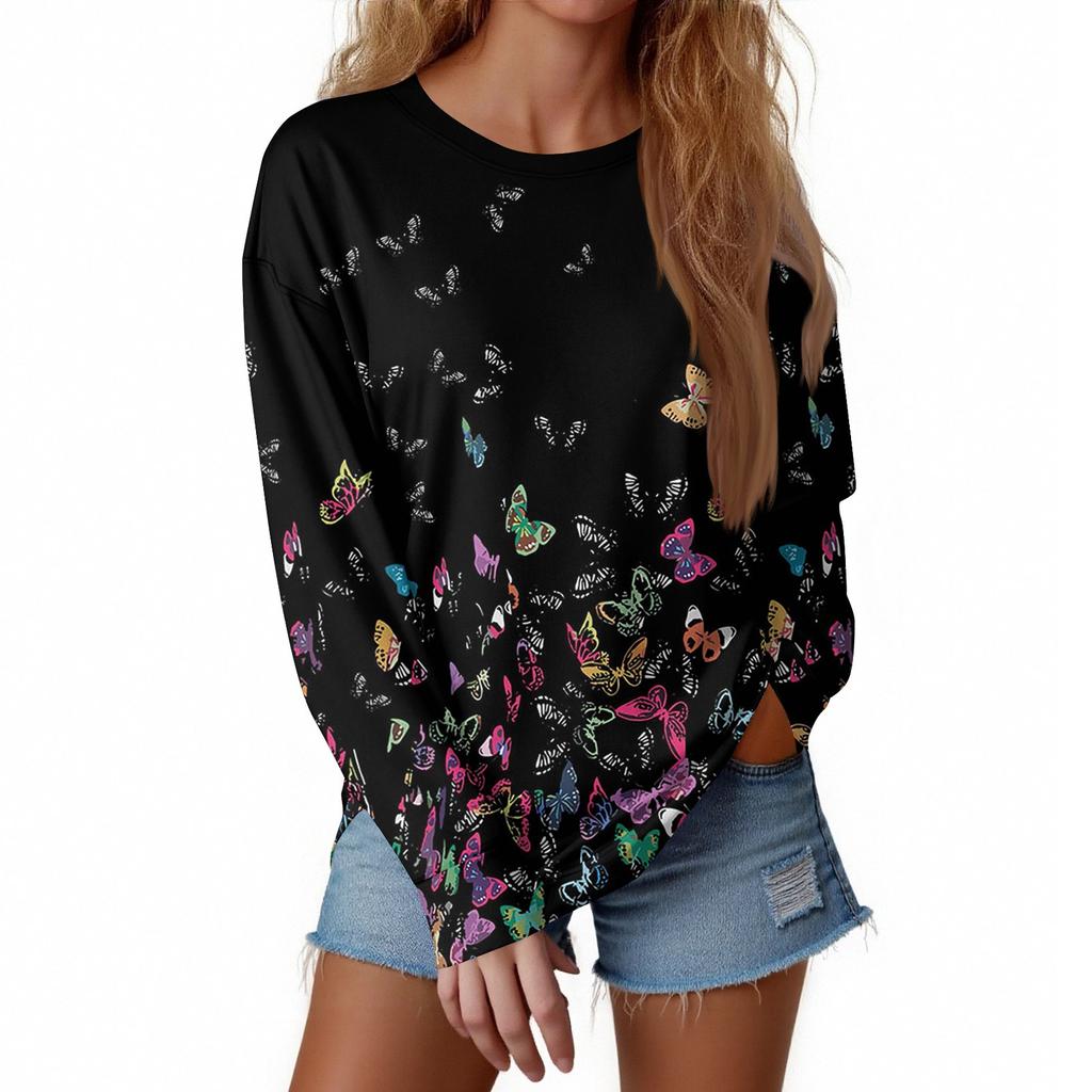 Damen Rundhals-Oberteile, Baumwolle, Damen, lässig, modisch, bedruckt, langärmelig, O-Ausschnitt, Pullover, Oberteil, Bluse