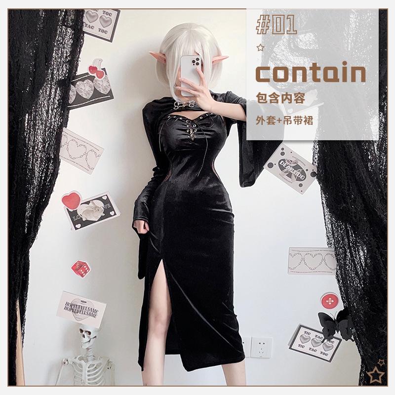 

Ветер темный гот хэллоуин костюм черное платье длинное платье ведьма вампир невеста наряд S