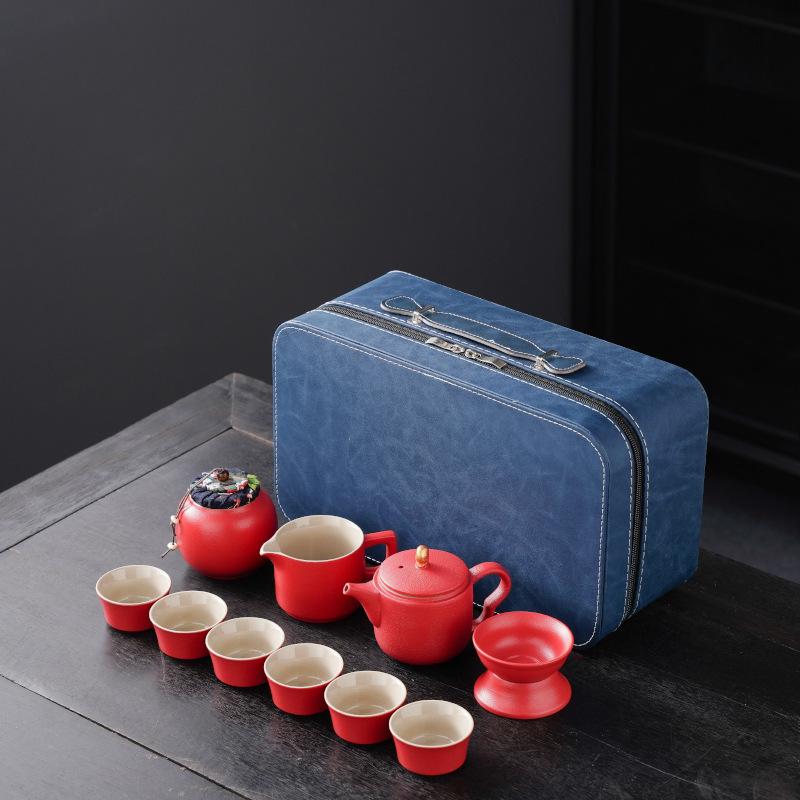 High-End Portable Ceramic Tea Set with Teapot, Teacups, and Tray for Household or Outdoor Use