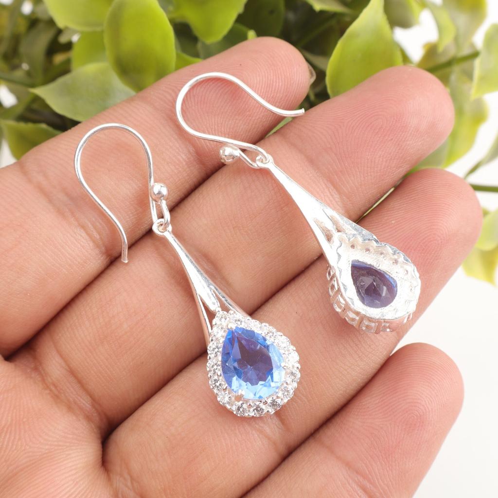 Natural Tanzanite Gemstone 925 Sterling Silver Jewelry Zircon Earrings 1.86" CZE-7-8