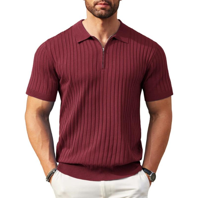 Mens Casual Solid Color Knit Half Zip Short Sleeve Polo Shirt