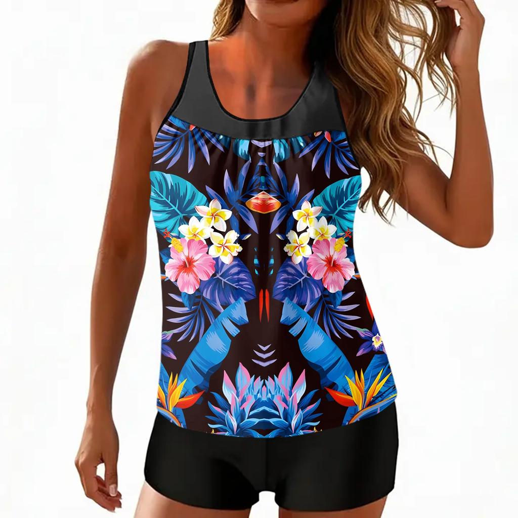 Tankini Swimsuits for Women Modest Two Piece Blouson Bathing Suit with Shorts Tropical Print Full Coverage Swimwear