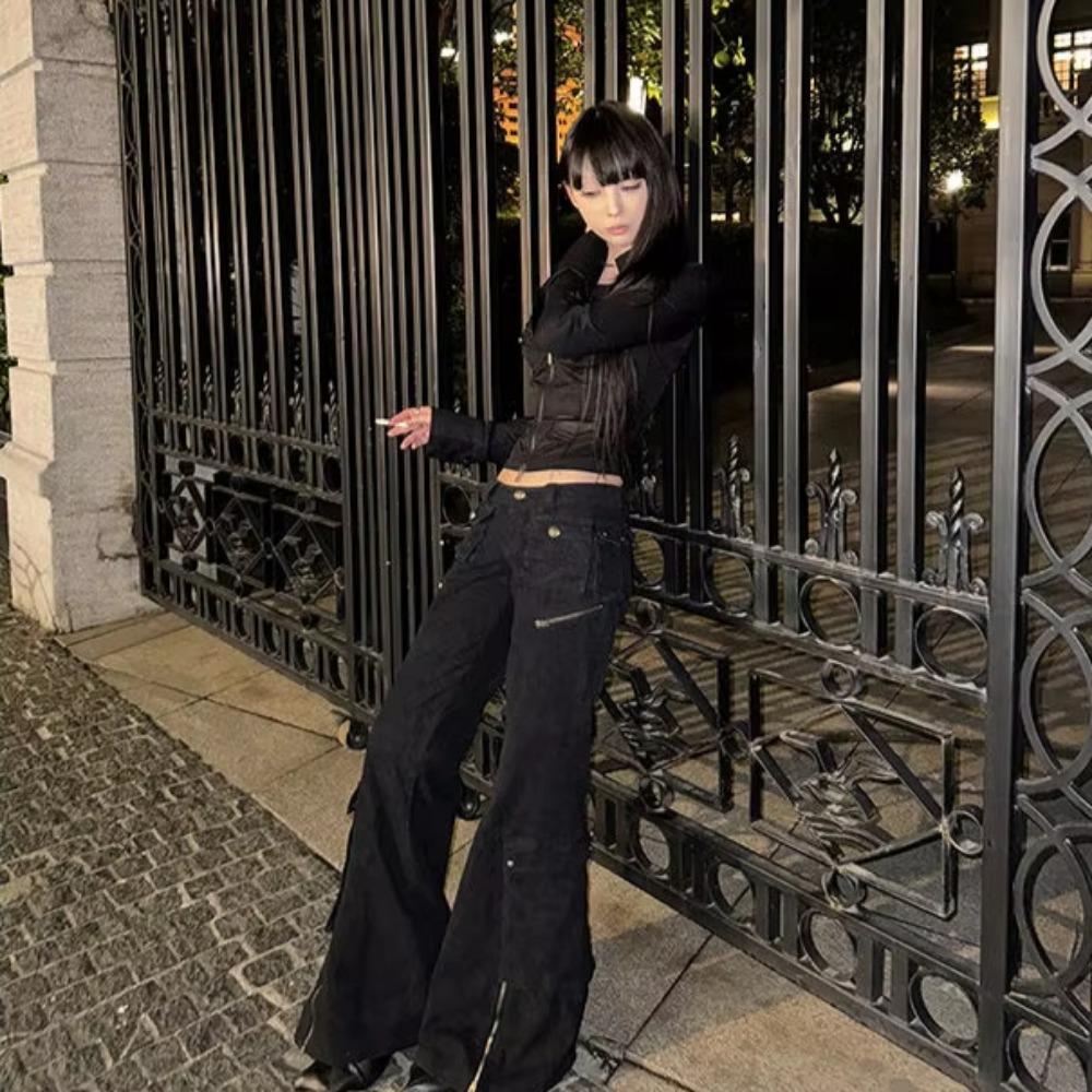 2KWEIRD Y2k Schwarz Sexy Shirts Damen V-Ausschnitt Kokett Harajuku American Vintage Reißverschluss Bluse Slim Gyaru Strickjacke Streetwear