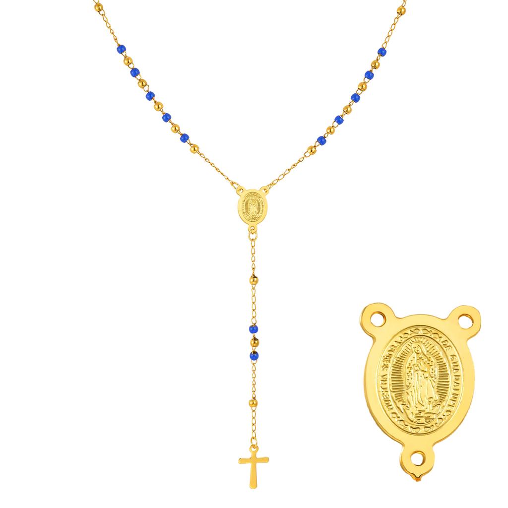 Farbige Perlen Jungfrau Y-förmige Halskette für Damen, Edelstahl Kreuz Gebet Katholische Rosenkränze Halsketten, Heiliges Schmuckstück Geschenk