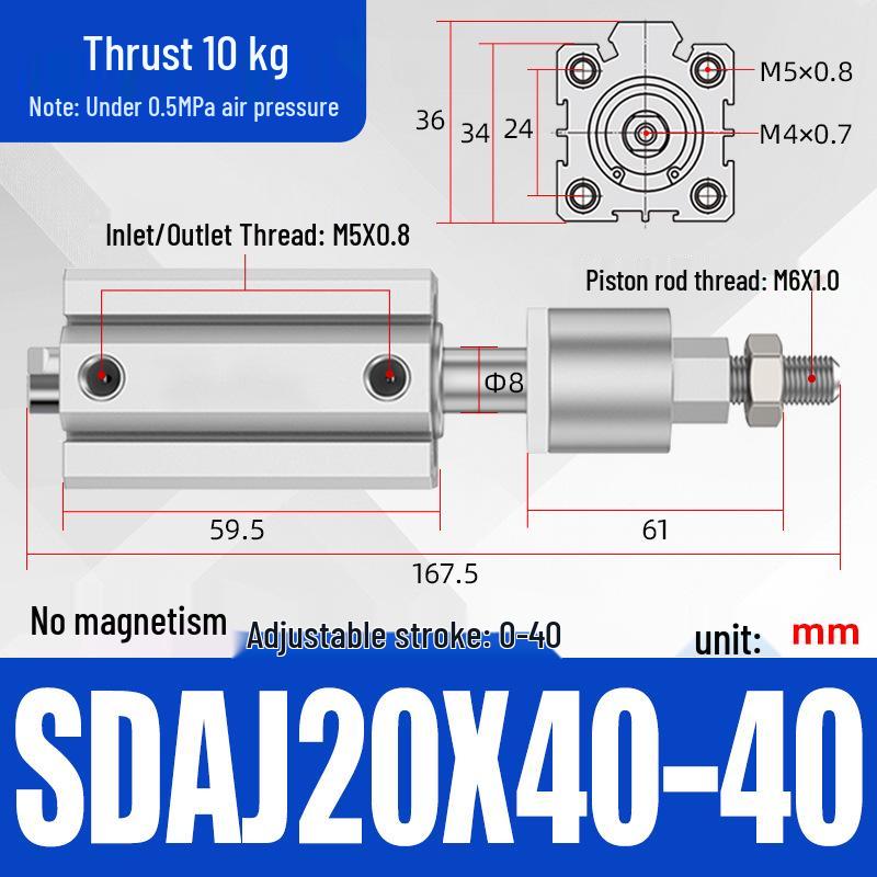 Adjustable Stroke Pneumatic Thin Cylinder - Piston Rod Sizes: 16/20/25/32/40/63